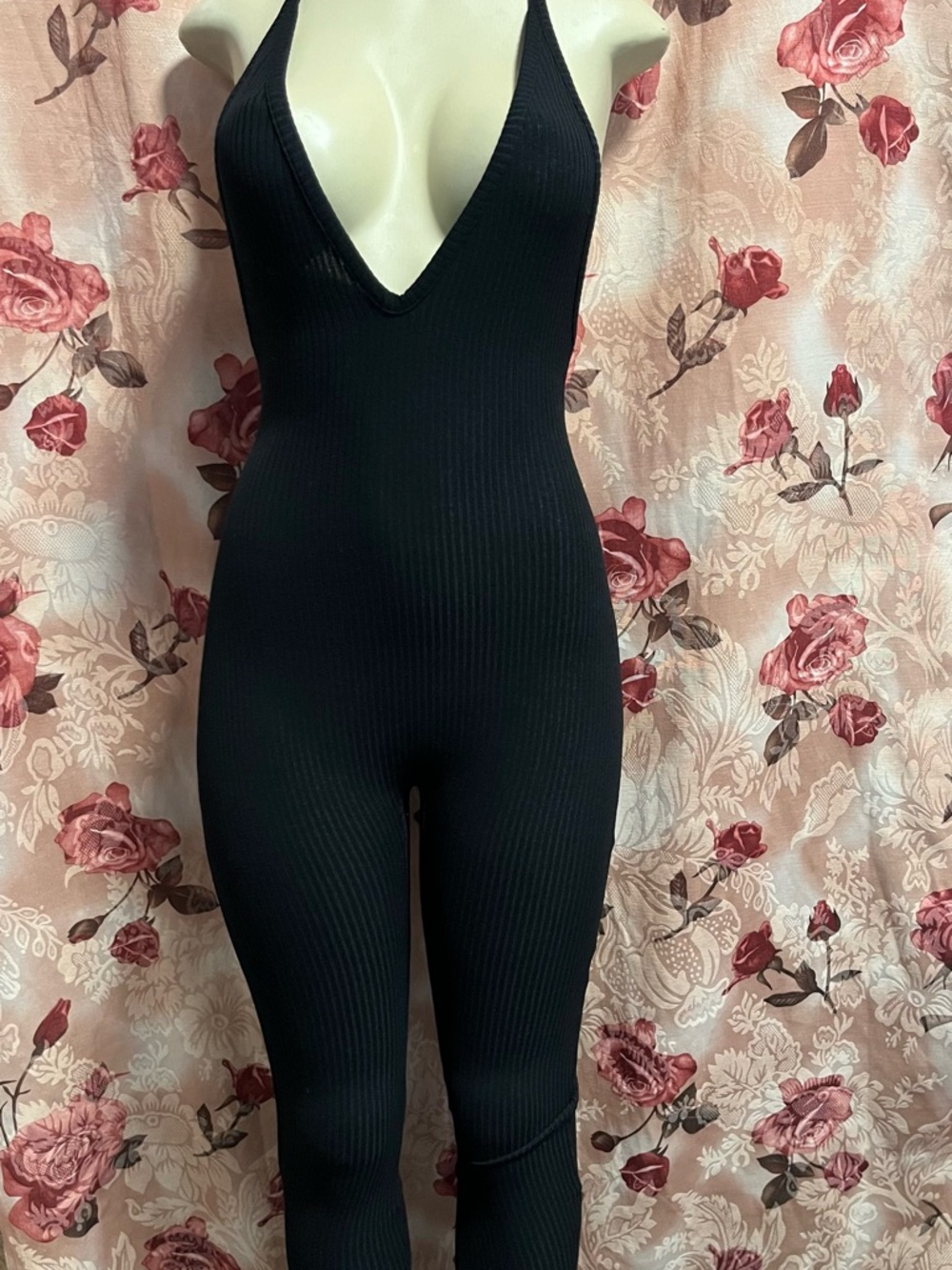 Fashion Nova Black Ribbed Deep V Halter Jumpsuit
